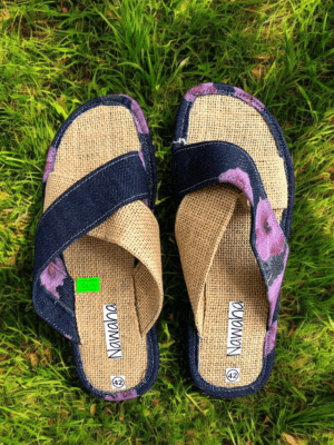 Sandales Raphia Et Tissu Jeans Fleurie - NAWAHA