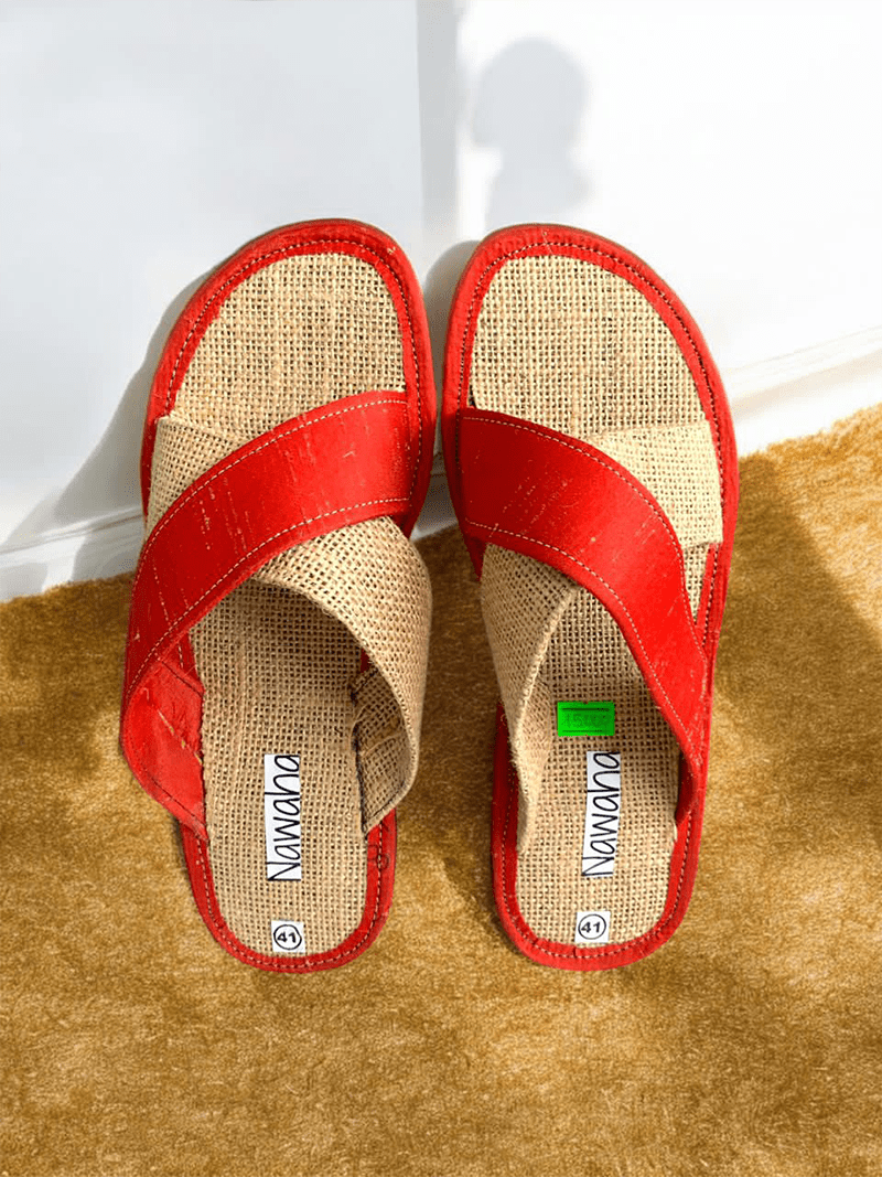 Sandales Raphia Et Tissu Leger Rouge - NAWAHA