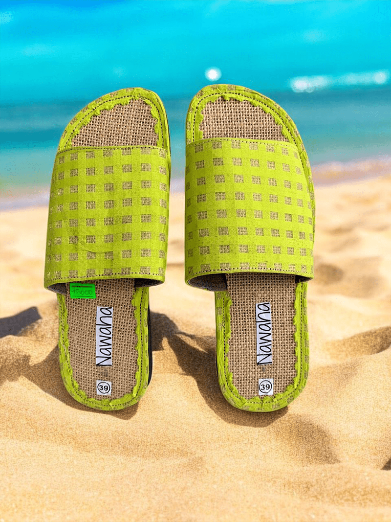 Sandales Raphia Et Tissu Leger Vert - NAWAHA