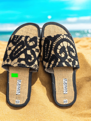 Sandales Raphia et Dentelle Noir - NAWAHA