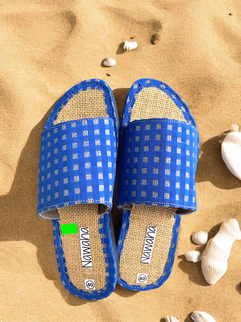 Sandales Raphia et Tissu Leger Bleue - NAWAHA