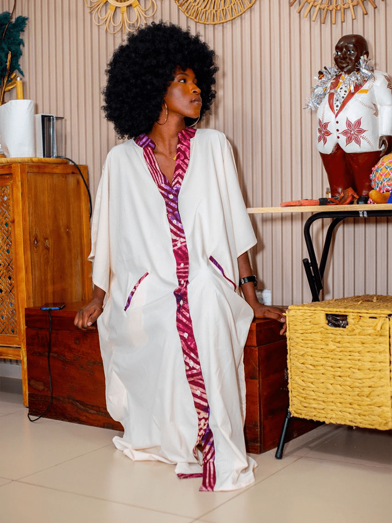 Boubou Coton Blanc Motif Pagne - Feitty 225