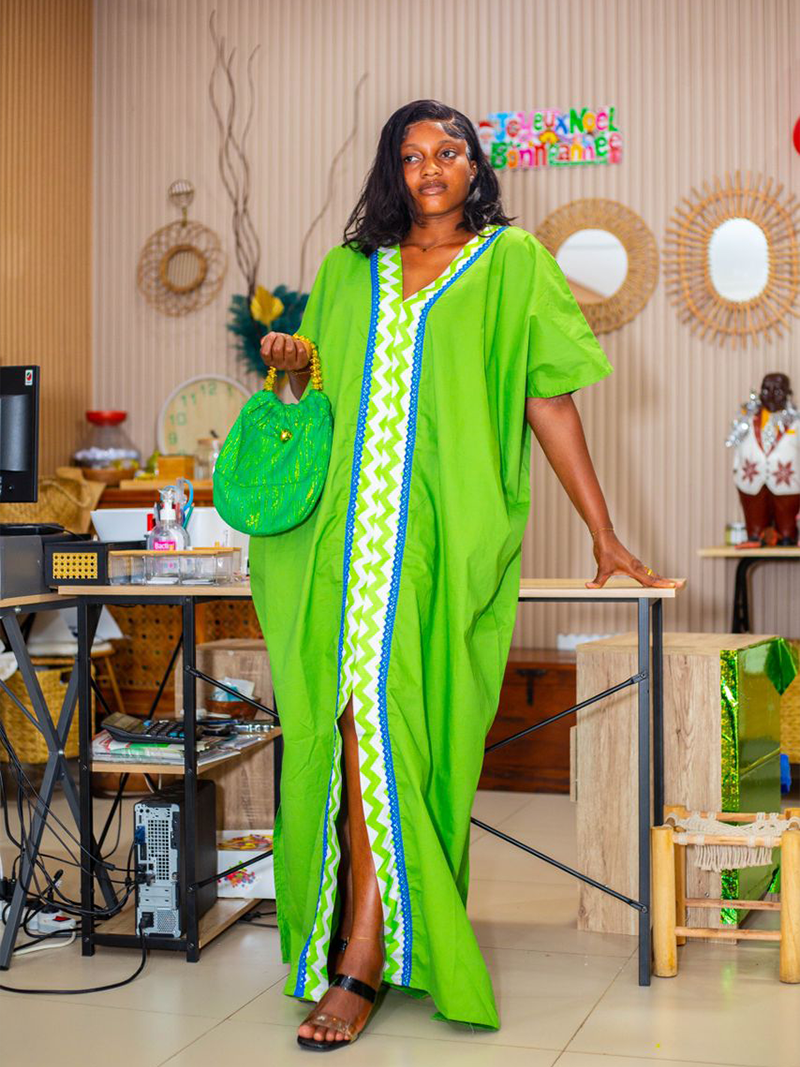 Boubou Coton Vert Motif Garniture - Feitty 225