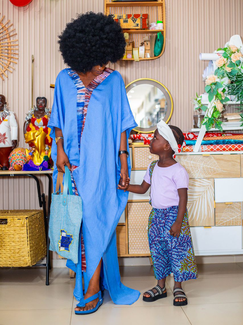 Duo - Boubou Jean Bleu Motif Pagne Indigo - Ensemble Enfant Tee-Shirt Et Pagne Violet - Feitty 225