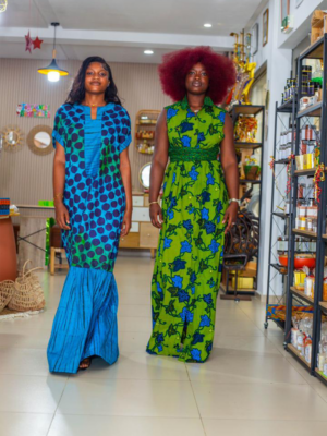 Duo - Robe Longue Pagne Vert Bleu Et Tissu Bleu - Feitty 225