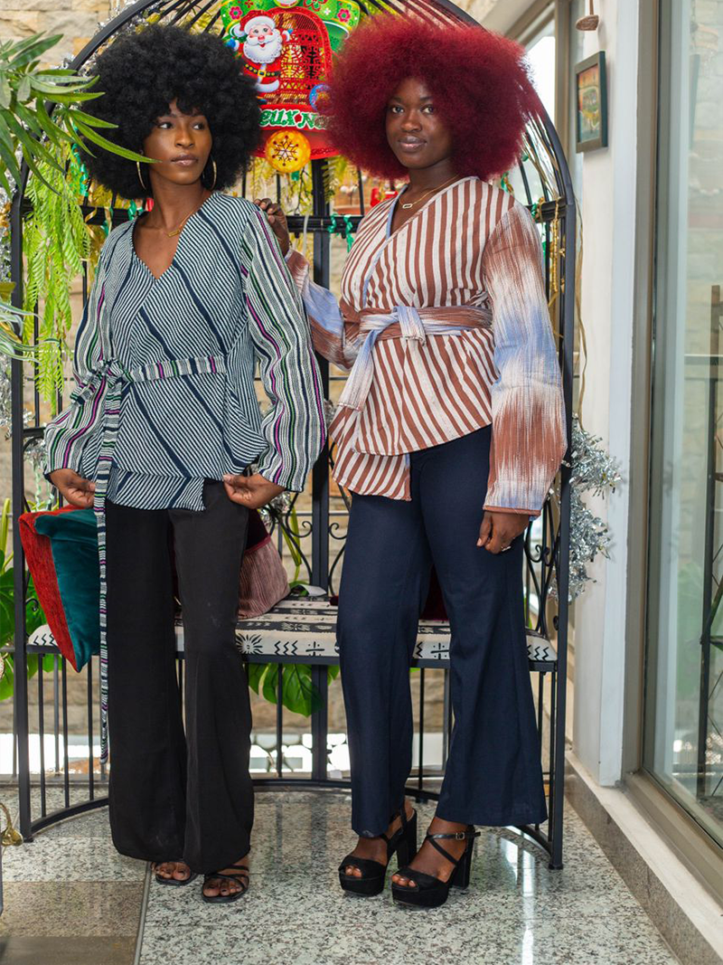 Duo - Veste Cache Cœur Avec Ceinture Pagne Tisse Bleu Et Marron - Feitty 225