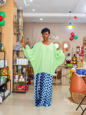 Robe Boubou 2 Ton Coton Vert Bleu Blanc - Feitty 225