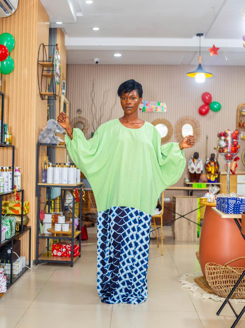 Robe Boubou 2 Ton Coton Vert Bleu Blanc - Feitty 225